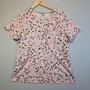 ELLE Scrub Top Unisex Medium Pink Polka Dot V Neck Stretch Medical Uniform